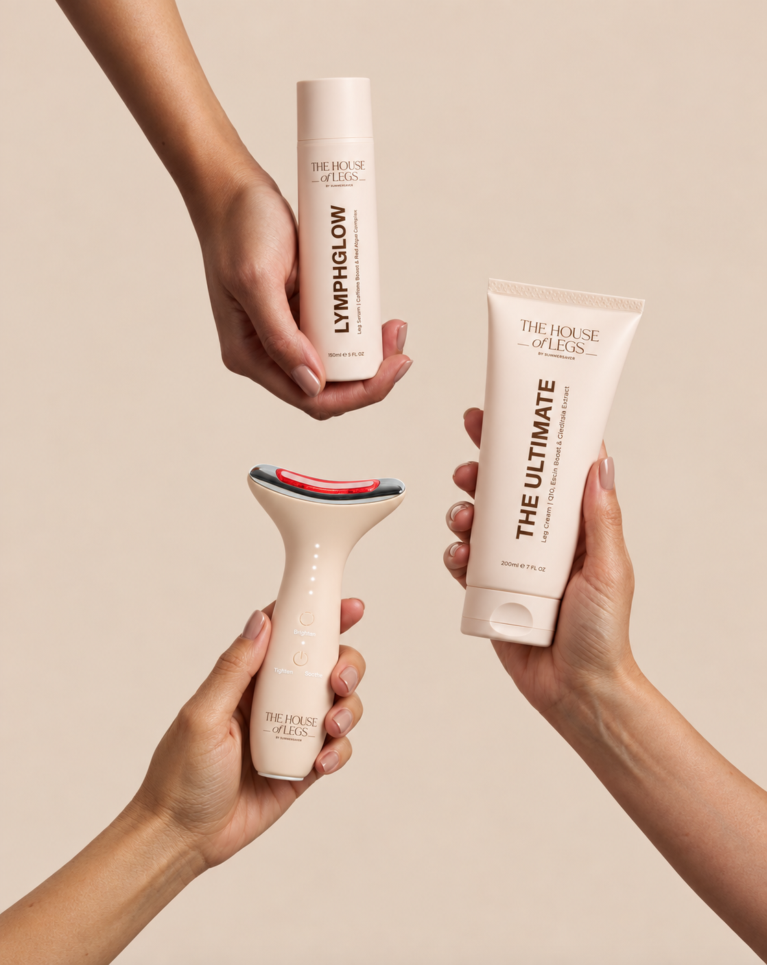 LymphGlow Leg Serum, The Ultimate Leg Cream und EMS & Light Therapy Device von The House of Legs