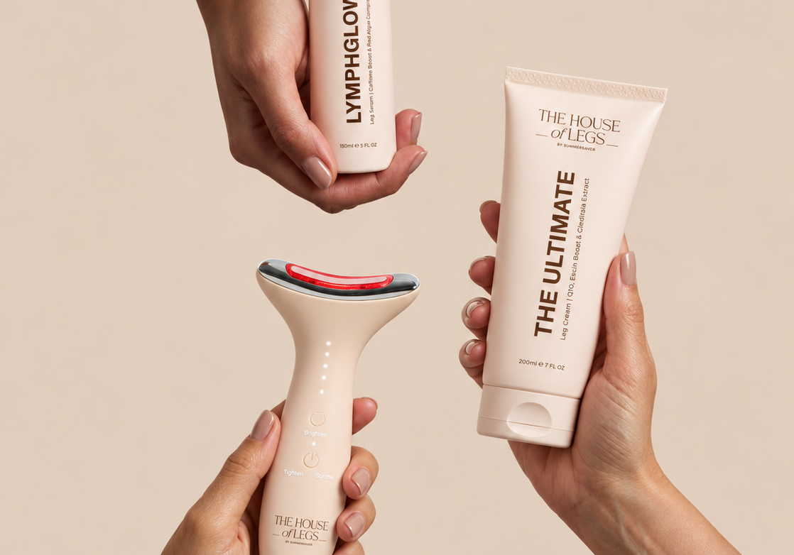 LymphGlow Leg Serum, The Ultimate Leg Cream und EMS & Light Therapy Device von The House of Legs