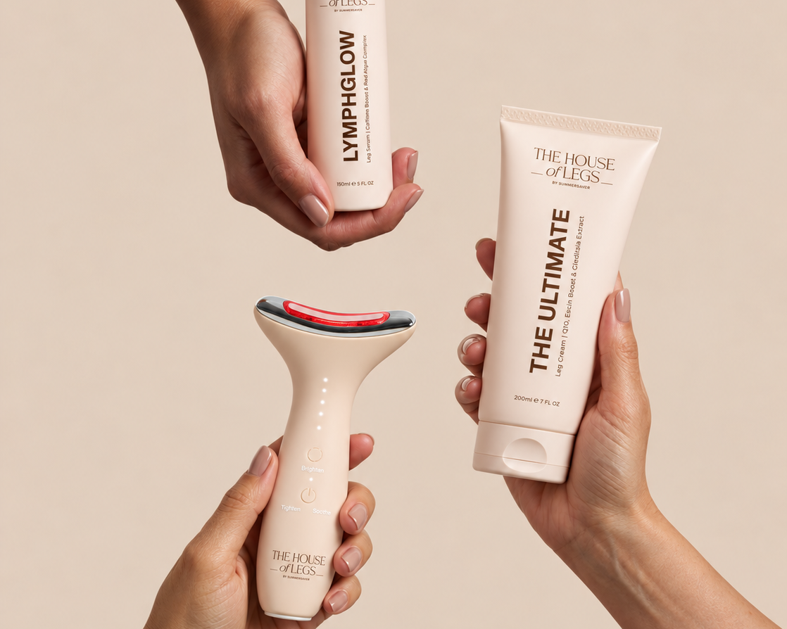 LymphGlow Leg Serum, The Ultimate Leg Cream und EMS & Light Therapy Device von The House of Legs