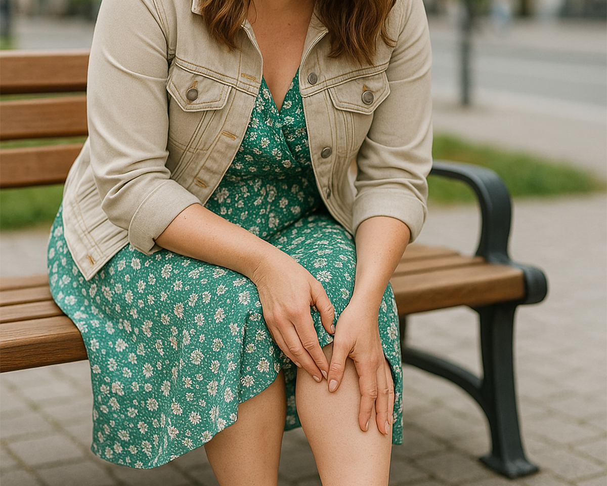 Junge Frau sitzt auf einer Parkbank, hält ihre geschwollenen Knöchel und trägt ein grünes Sommerkleid mit Jeansjacke.